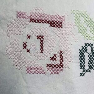 Vintage Tablecloth Hand Cross Stitch Pink Floral Crochet Lace 60" Round Scallop